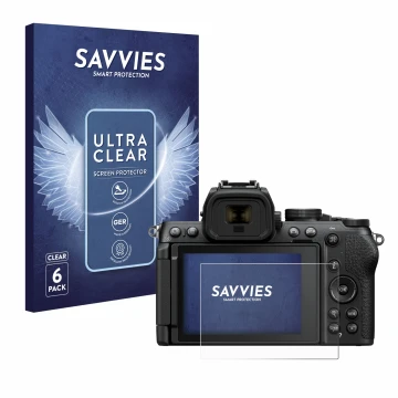Parte frontale di una confezione del prodotto con il logo del marchio Savvies. Accanto è raffigurato il dispositivo Nikon Z50 