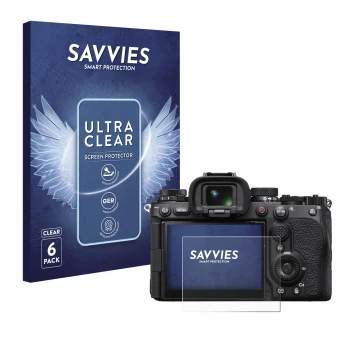 Parte frontale di una confezione del prodotto con il logo del marchio Savvies. Accanto è raffigurato il dispositivo Sony Alpha