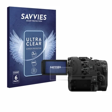 Parte frontale di una confezione del prodotto con il logo del marchio Savvies. Accanto è raffigurato il dispositivo Canon EOS 