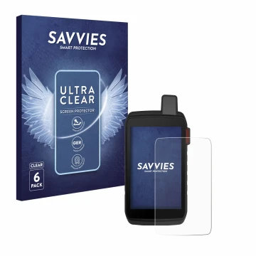 Parte frontale di una confezione del prodotto con il logo del marchio Savvies. Accanto è raffigurato il dispositivo Garmin Mon
