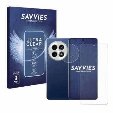 Parte frontale di una confezione del prodotto con il logo del marchio Savvies. Accanto è raffigurato il dispositivo OnePlus 13