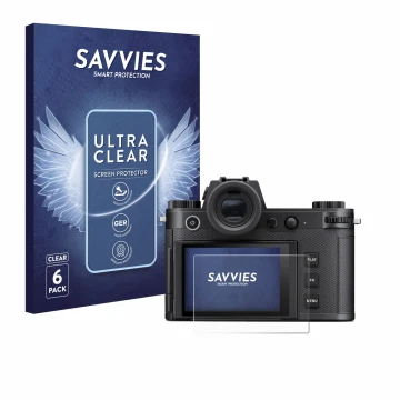 Parte frontale di una confezione del prodotto con il logo del marchio Savvies. Accanto è raffigurato il dispositivo Leica SL3-