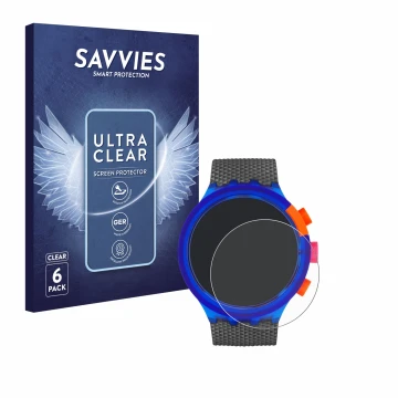 Parte frontale di una confezione del prodotto con il logo del marchio Savvies. Accanto è raffigurato il dispositivo Swatch Neo