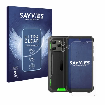 Parte frontale di una confezione del prodotto con il logo del marchio Savvies. Accanto è raffigurato il dispositivo Blackview 