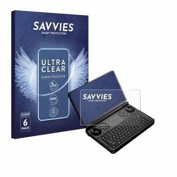 Parte frontale di una confezione del prodotto con il logo del marchio Savvies. Accanto è raffigurato il dispositivo GPD Win Mi