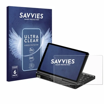 Parte frontale di una confezione del prodotto con il logo del marchio Savvies. Accanto è raffigurato il dispositivo GPD Pocket