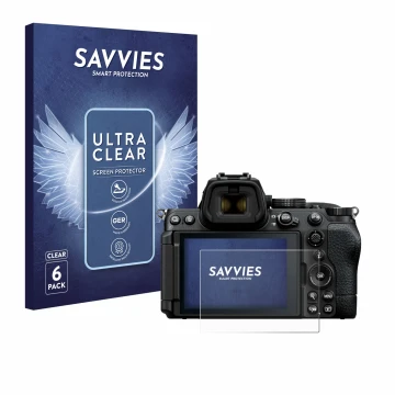 Parte frontale di una confezione del prodotto con il logo del marchio Savvies. Accanto è raffigurato il dispositivo Nikon Z5 I