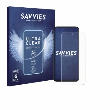 Parte frontale di una confezione del prodotto con il logo del marchio Savvies. Accanto è raffigurato il dispositivo TCL 60 5G 
