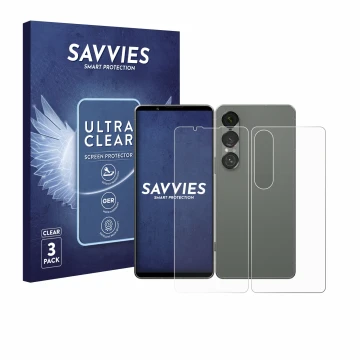 Parte frontale di una confezione del prodotto con il logo del marchio Savvies. Accanto è raffigurato il dispositivo Sony Xperi