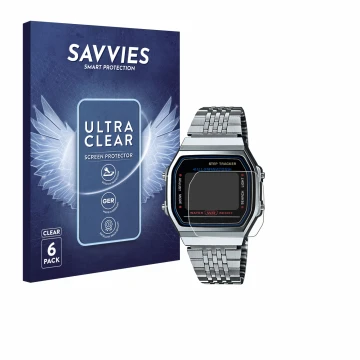 Parte frontale di una confezione del prodotto con il logo del marchio Savvies. Accanto è raffigurato il dispositivo Casio icon