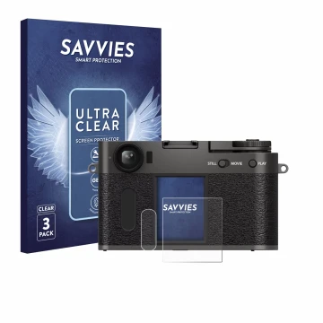 Parte frontale di una confezione del prodotto con il logo del marchio Savvies. Accanto è raffigurato il dispositivo Fujifilm X