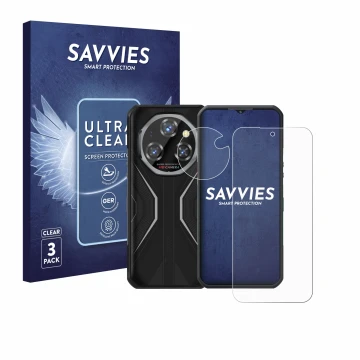 Parte frontale di una confezione del prodotto con il logo del marchio Savvies. Accanto è raffigurato il dispositivo Oukitel WP