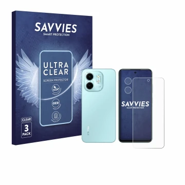 Parte frontale di una confezione del prodotto con il logo del marchio Savvies. Accanto è raffigurato il dispositivo Infinix Sm