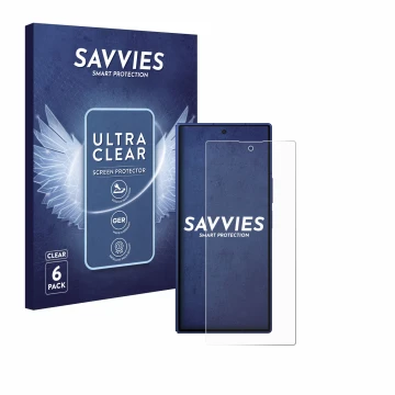 Parte frontale di una confezione del prodotto con il logo del marchio Savvies. Accanto è raffigurato il dispositivo Samsung Ga