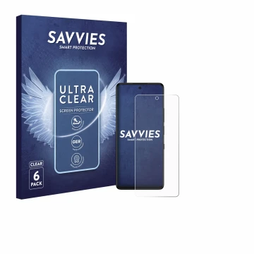 Parte frontale di una confezione del prodotto con il logo del marchio Savvies. Accanto è raffigurato il dispositivo TCL 50 Pro