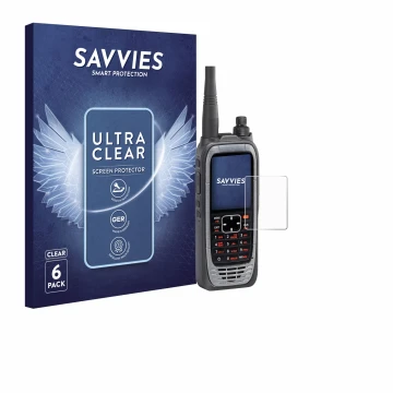 Parte frontale di una confezione del prodotto con il logo del marchio Savvies. Accanto è raffigurato il dispositivo Icom IC-A2