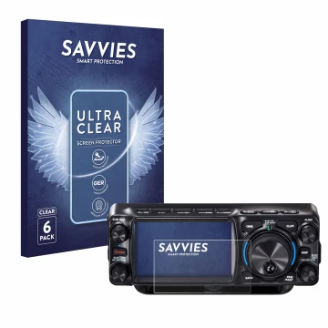 Parte frontale di una confezione del prodotto con il logo del marchio Savvies. Accanto è raffigurato il dispositivo Yaesu FTX-
