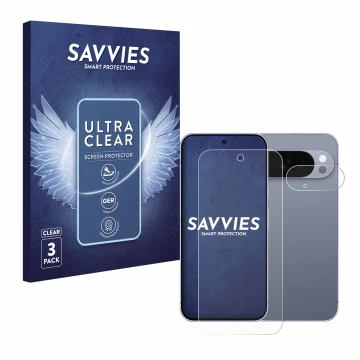 Parte frontale di una confezione del prodotto con il logo del marchio Savvies. Accanto è raffigurato il dispositivo Google Pix