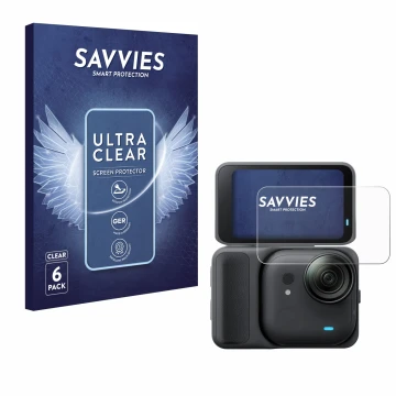 Parte frontale di una confezione del prodotto con il logo del marchio Savvies. Accanto è raffigurato il dispositivo Insta360 G