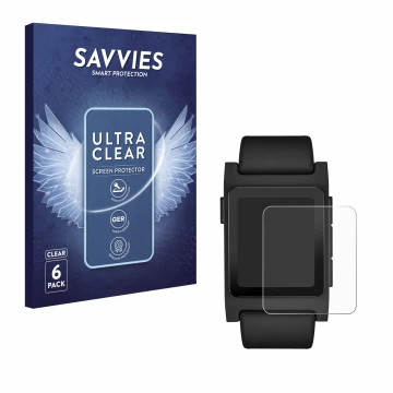 Parte frontale di una confezione del prodotto con il logo del marchio Savvies. Accanto è raffigurato il dispositivo Pebble 2 D