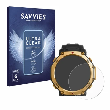 Parte frontale di una confezione del prodotto con il logo del marchio Savvies. Accanto è raffigurato il dispositivo Huami Amaz