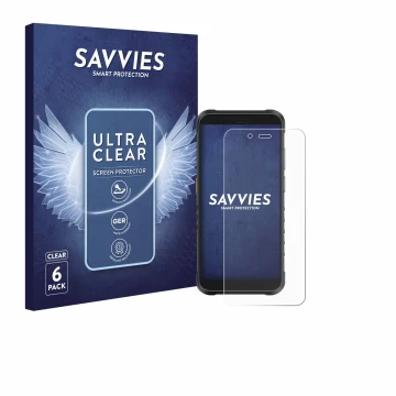 Parte frontale di una confezione del prodotto con il logo del marchio Savvies. Accanto è raffigurato il dispositivo Ulefone Ru
