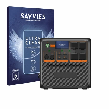 Parte frontale di una confezione del prodotto con il logo del marchio Savvies. Accanto è raffigurato il dispositivo Bluetti AC