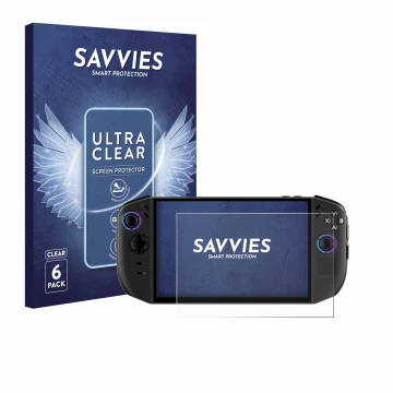 Parte frontale di una confezione del prodotto con il logo del marchio Savvies. Accanto è raffigurato il dispositivo Lenovo Leg