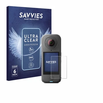 Parte frontale di una confezione del prodotto con il logo del marchio Savvies. Accanto è raffigurato il dispositivo Insta360 X