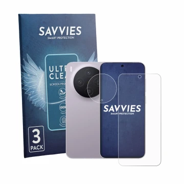 Parte frontale di una confezione del prodotto con il logo del marchio Savvies. Accanto è raffigurato il dispositivo Vivo X300 