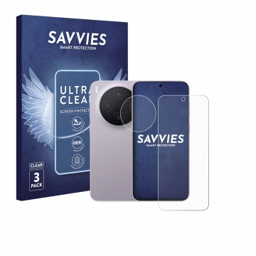 Parte frontale di una confezione del prodotto con il logo del marchio Savvies. Accanto è raffigurato il dispositivo Vivo X300 