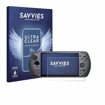 Parte frontale di una confezione del prodotto con il logo del marchio Savvies. Accanto è raffigurato il dispositivo GPD Win 5 