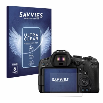 Parte frontale di una confezione del prodotto con il logo del marchio Savvies. Accanto è raffigurato il dispositivo Canon EOS 