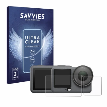 Parte frontale di una confezione del prodotto con il logo del marchio Savvies. Accanto è raffigurato il dispositivo DJI Osmo A