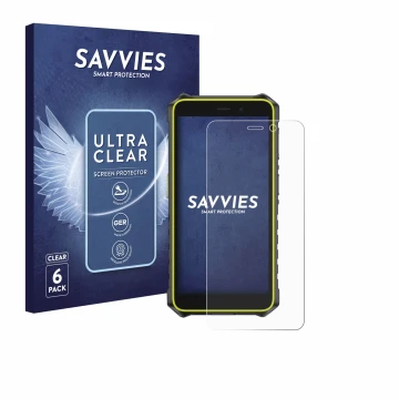 Parte frontale di una confezione del prodotto con il logo del marchio Savvies. Accanto è raffigurato il dispositivo Ulefone Ru
