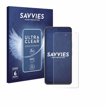 Parte frontale di una confezione del prodotto con il logo del marchio Savvies. Accanto è raffigurato il dispositivo Cubot Note