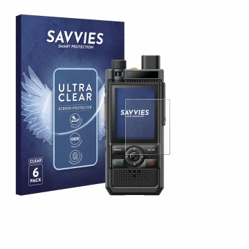 Parte frontale di una confezione del prodotto con il logo del marchio Savvies. Accanto è raffigurato il dispositivo Hytera P50