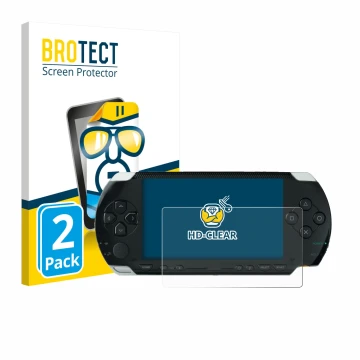 Parte frontale di una confezione del prodotto con il logo del marchio BROTECT. Accanto è raffigurato il dispositivo Sony PSP 1
