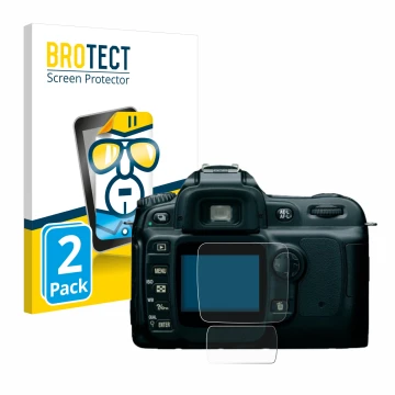 Parte frontale di una confezione del prodotto con il logo del marchio BROTECT. Accanto è raffigurato il dispositivo Nikon D50 