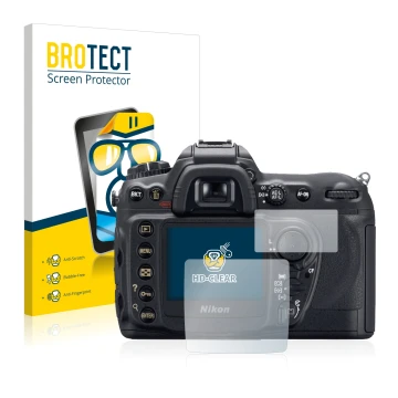 Parte frontale di una confezione del prodotto con il logo del marchio BROTECT. Accanto è raffigurato il dispositivo Nikon D200