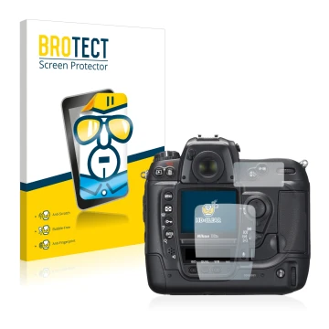 Parte frontale di una confezione del prodotto con il logo del marchio BROTECT. Accanto è raffigurato il dispositivo Nikon D2X 