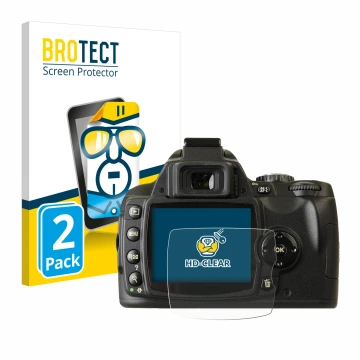 Parte frontale di una confezione del prodotto con il logo del marchio BROTECT. Accanto è raffigurato il dispositivo Nikon D40x