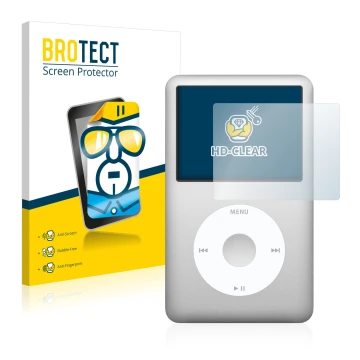 Parte frontale di una confezione del prodotto con il logo del marchio BROTECT. Accanto è raffigurato il dispositivo Apple iPod