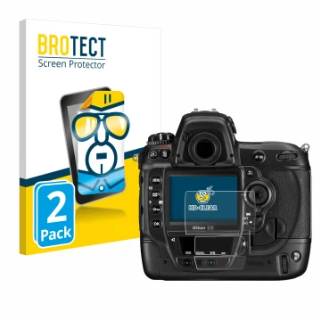 Parte frontale di una confezione del prodotto con il logo del marchio BROTECT. Accanto è raffigurato il dispositivo Nikon D3 c