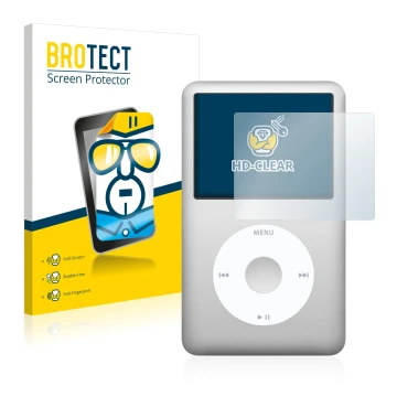 Parte frontale di una confezione del prodotto con il logo del marchio BROTECT. Accanto è raffigurato il dispositivo Apple iPod