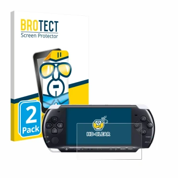 Parte frontale di una confezione del prodotto con il logo del marchio BROTECT. Accanto è raffigurato il dispositivo Sony PSP 3