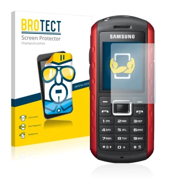 Parte frontale di una confezione del prodotto con il logo del marchio BROTECT. Accanto è raffigurato il dispositivo Samsung B2