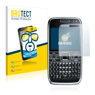 Parte frontale di una confezione del prodotto con il logo del marchio BROTECT. Accanto è raffigurato il dispositivo Nokia E72 