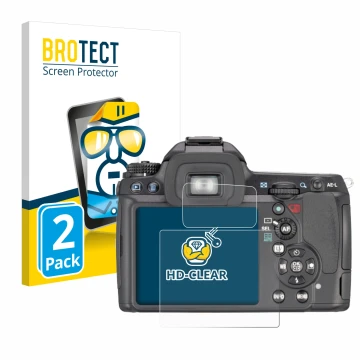 Parte frontale di una confezione del prodotto con il logo del marchio BROTECT. Accanto è raffigurato il dispositivo Pentax K7,