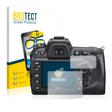 Parte frontale di una confezione del prodotto con il logo del marchio BROTECT. Accanto è raffigurato il dispositivo Nikon D300